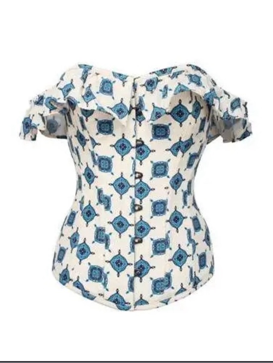 Corset Story Tops - Off-Shoulder Blue Patterned Button-Front Women's Blouse
